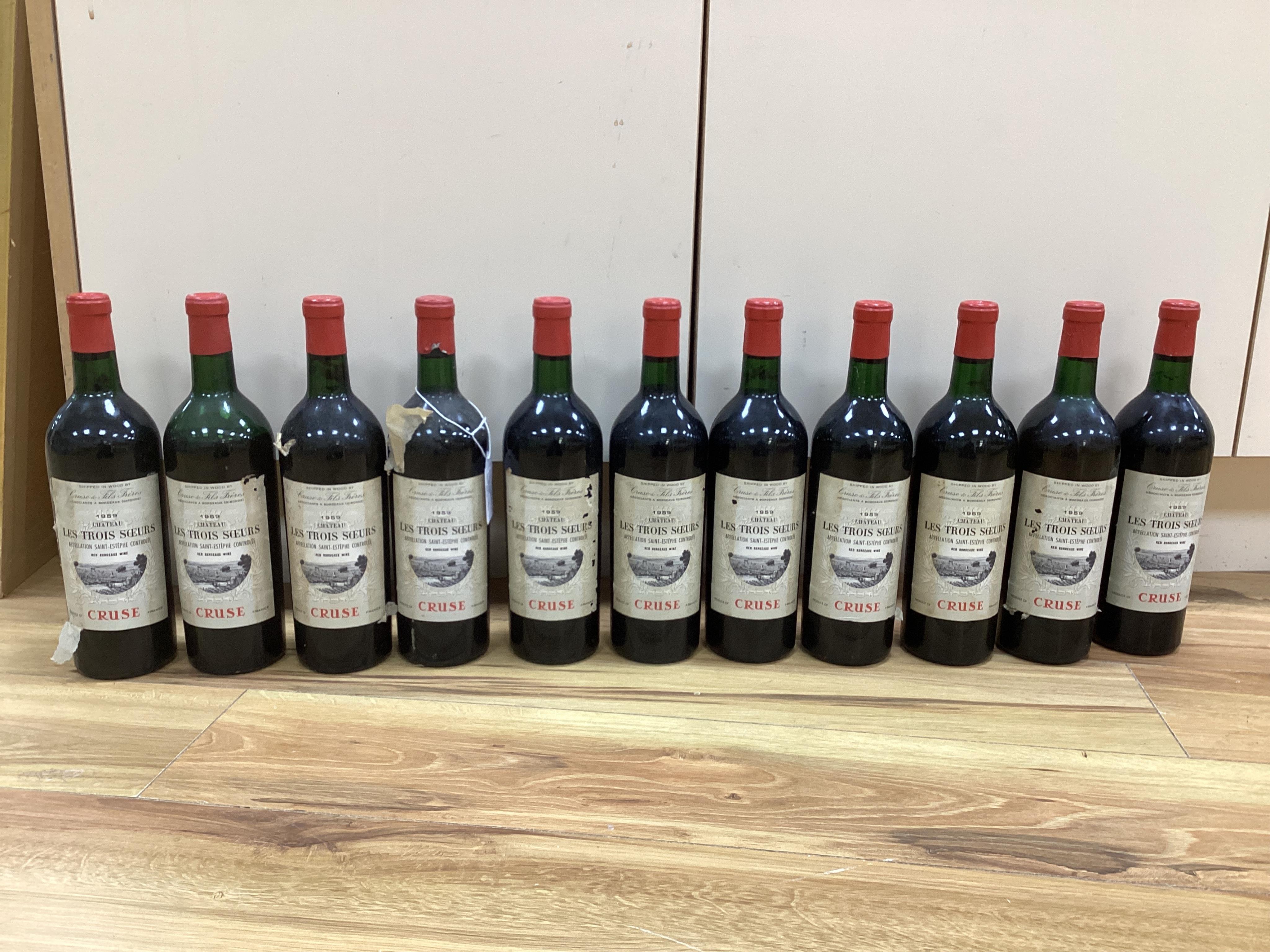 Eleven bottles of Chateau ‘Les Trois Soeurs’ Bordeaux , Cruse. Condition - fair, unknown storage